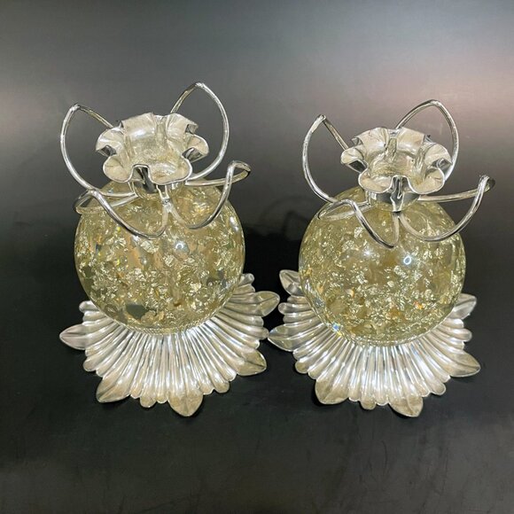 Vintage Lucite Ball Candle Holders Clear with Silver Flecks Metal Top and Base - Picture 3 of 5